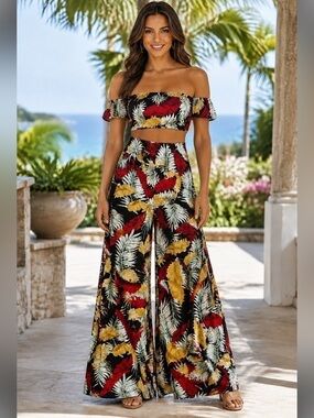 Blue B Tropical Palm Print Bandeau Crop Top & Wide Leg Palazzo Pants Set Medium